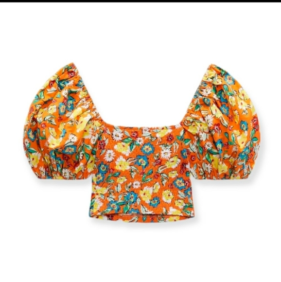 Zara Tops Zara Orange Floral Puff Sleeve Crop Top Poshmark